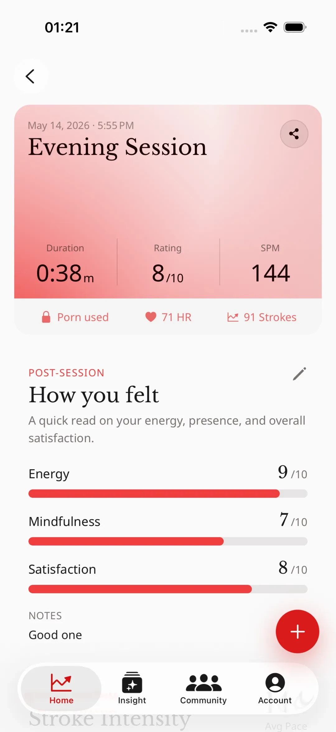 Goonova session reflection with Energy, Mindfulness, and Satisfaction sliders